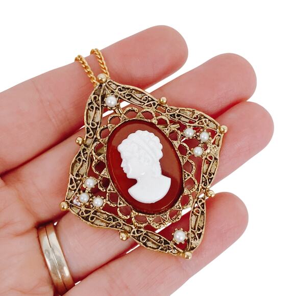 VTG Cameo Filigree Brooch Pendant Necklace Faux Pearl 60s 70s Victorian Revival - Picture 2 of 12